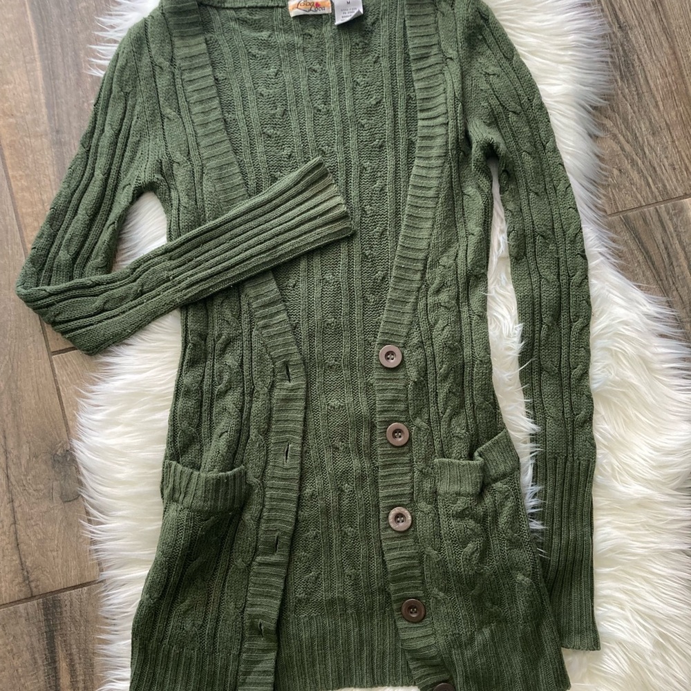 Green Cable Knit Long Cardigan